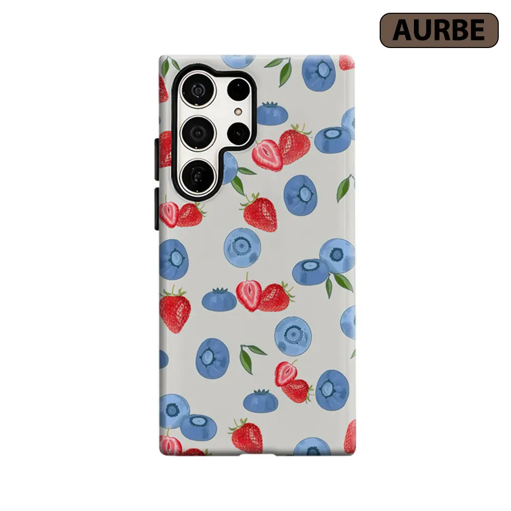 Aurbe Phone Case For Samsung Galaxy S26 S25 S24 S23 Ultra Plus HD Hard Fresh Strawberry & Blueberry Mix Double Layer Film Cover