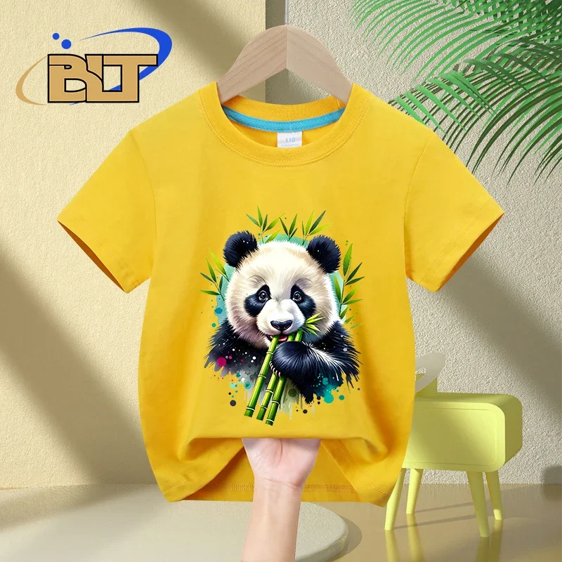 Camiseta con estampado de Panda munching de bambú para niños, tops casuales de manga corta de algodón para niños y niñas, acuarela, Verano