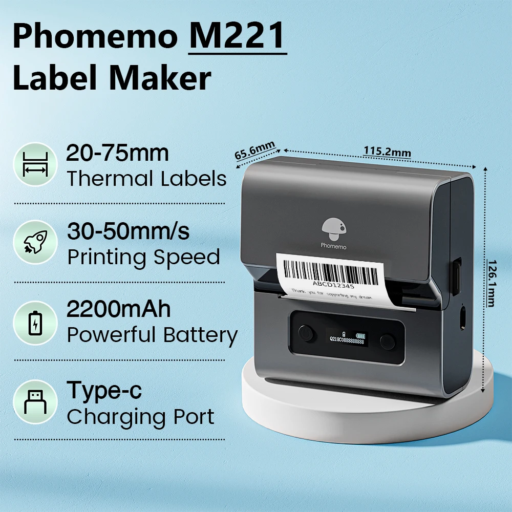 portatil label maker barcode printer bluetooth termica inkless suporte a telefone e pc upgrade phomemo m221 01