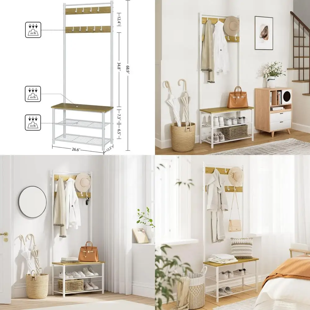

3-in-1 Wooden Hall Tree with Bench, Shoe Storage, and Coat Rack, Metal Frame, 3-Tier Shelves, 9 Hooks, White/Walnut Finish
