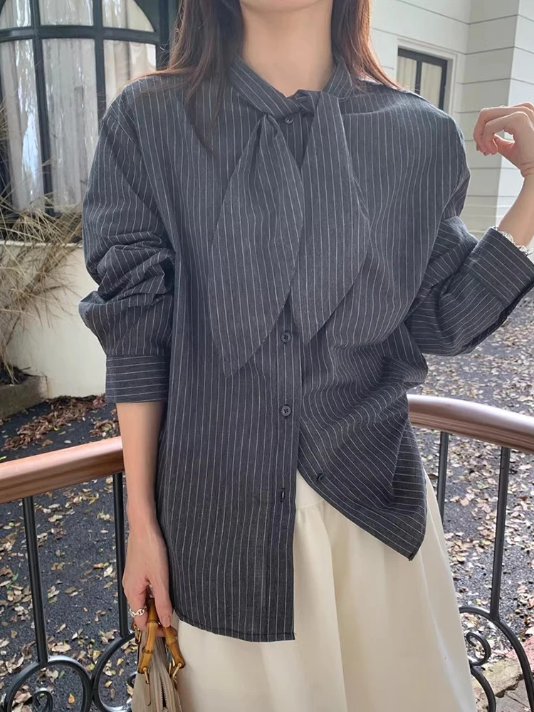 Ele Spring Stripe irt Women's Loose Long Sve  Knot Design Single Button Chic Korean Sle Office Commute