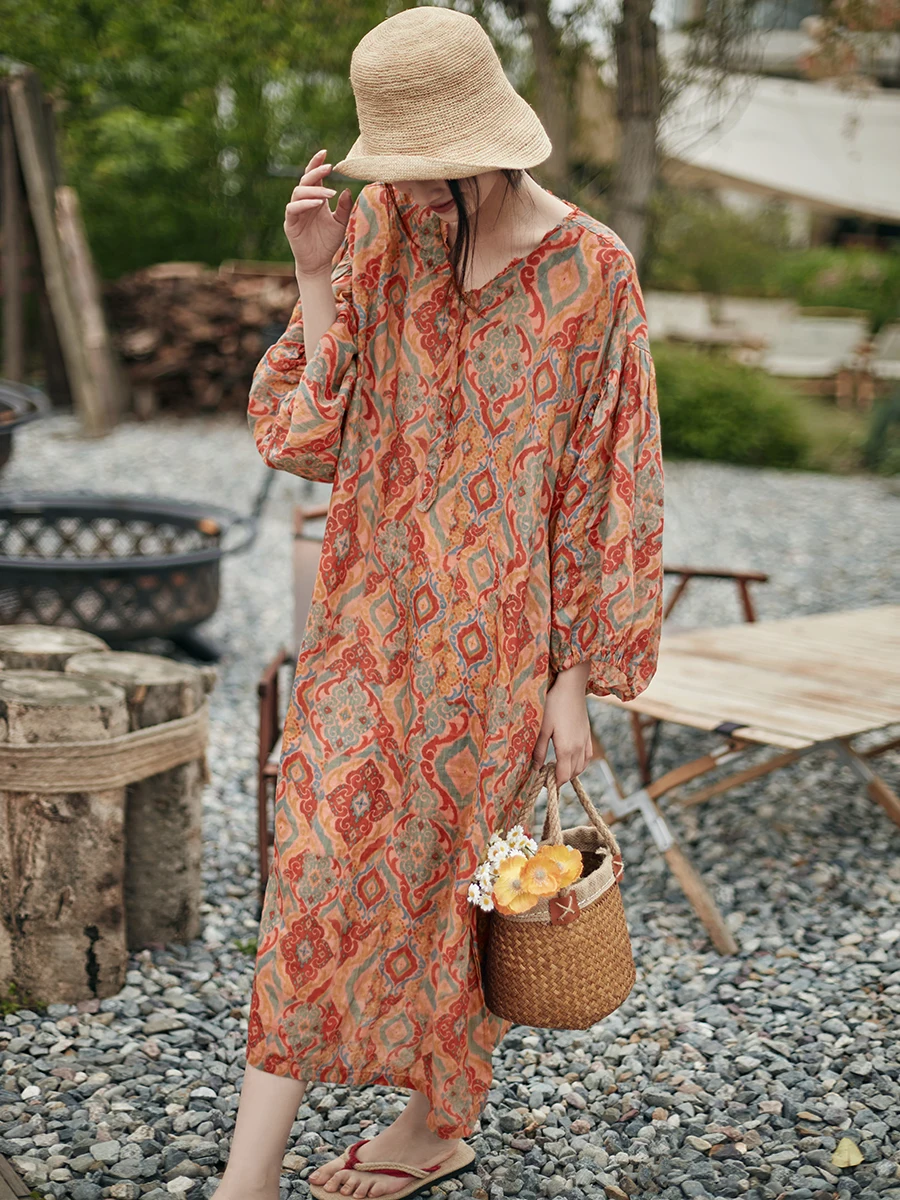 

2024 Women Summer Oversize Ramie Printed Dress Loose Lantern Sleeves Casual 100% Cotton Long Dress Ladies Clothing X956