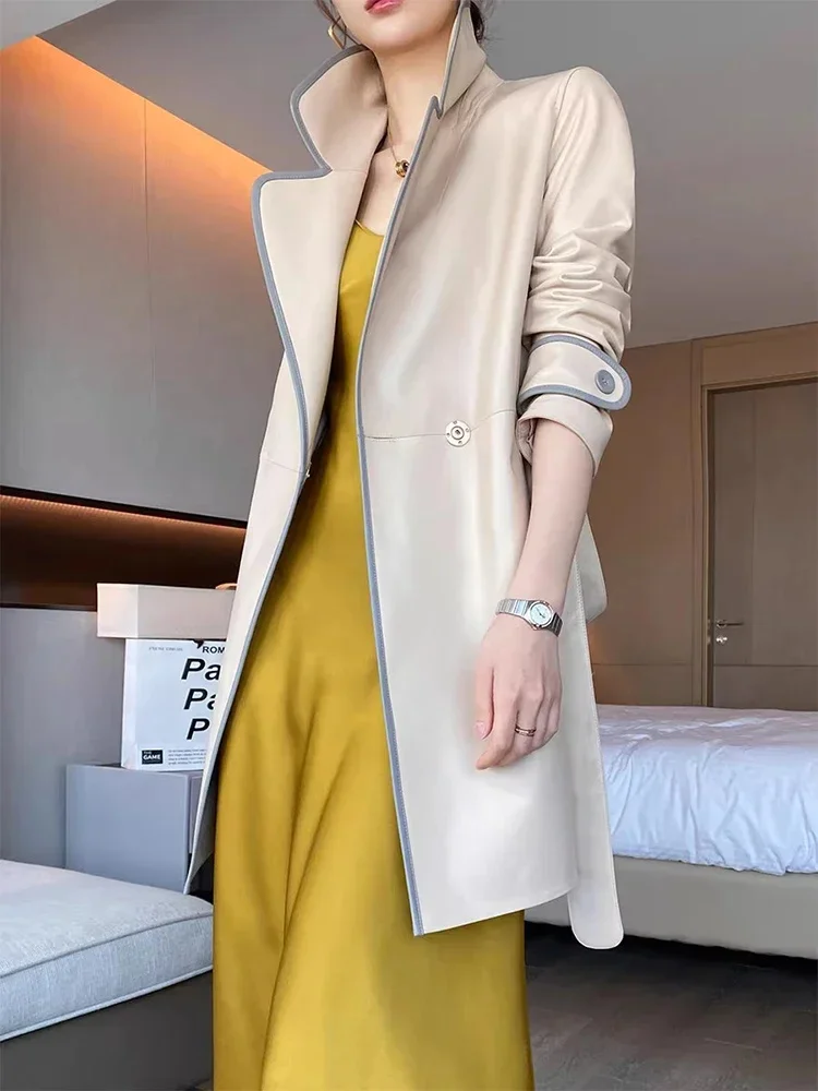 Sheepskin Natural Trench Coat for Women 2024 Trend Contrast color Hemming Design Mid-length Lace-up Genuine Leather Jacket