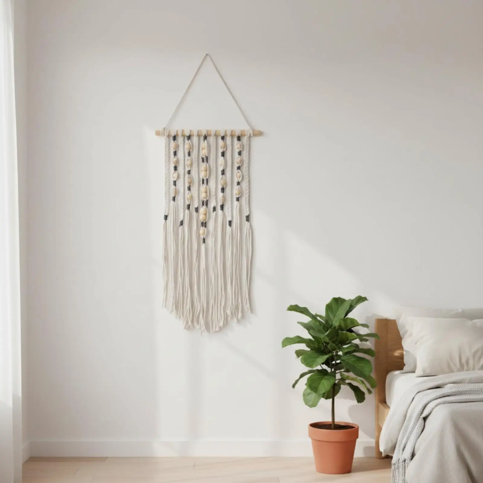 Cotton Wall Tapestry with Wood Beads Handwoven Hand-Woven Tapestry with Fringe Tassels Macramé Wall Hanging Artisan-Made