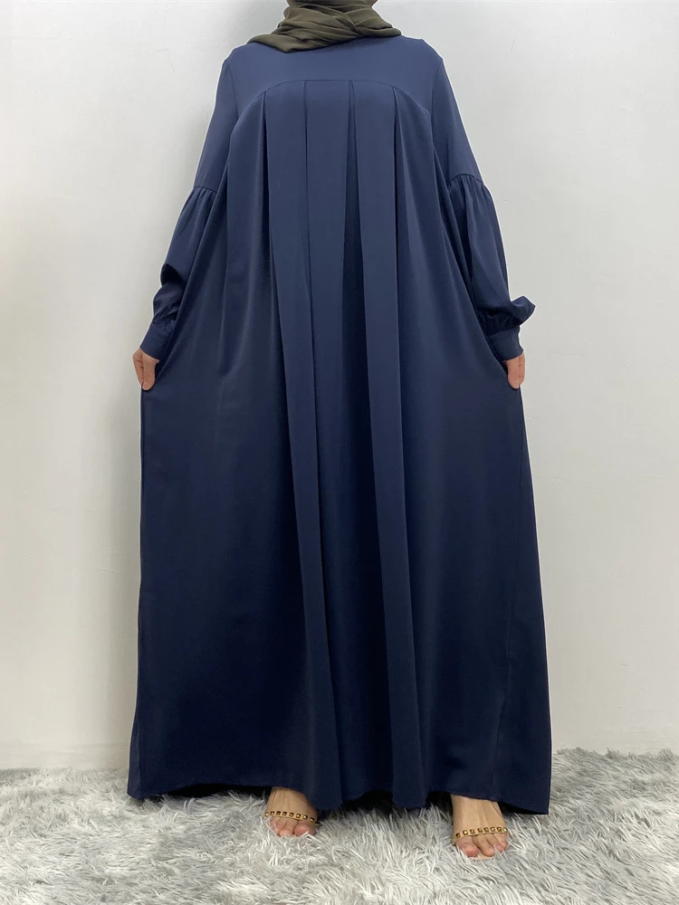 Eid Muslim Neck Abaya Dress for Women Loose Pocket Solid Pleated Long Dresses Arab Dubai Robe Femme Musulman Vestidos Party 2023