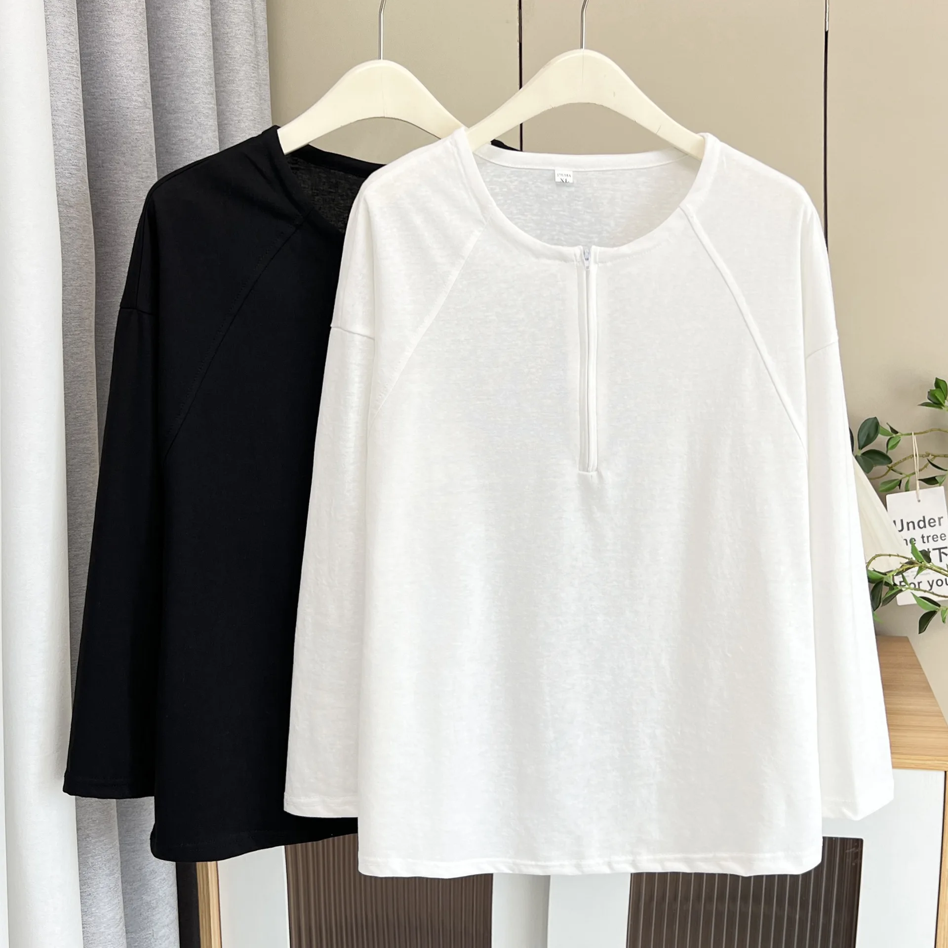 

Модная женская футболка больших размеров, осень 2023, новинка в горошек, молния, полуоткрытый воротник, снежинка, хлопковые топы с длинными рукавами 325