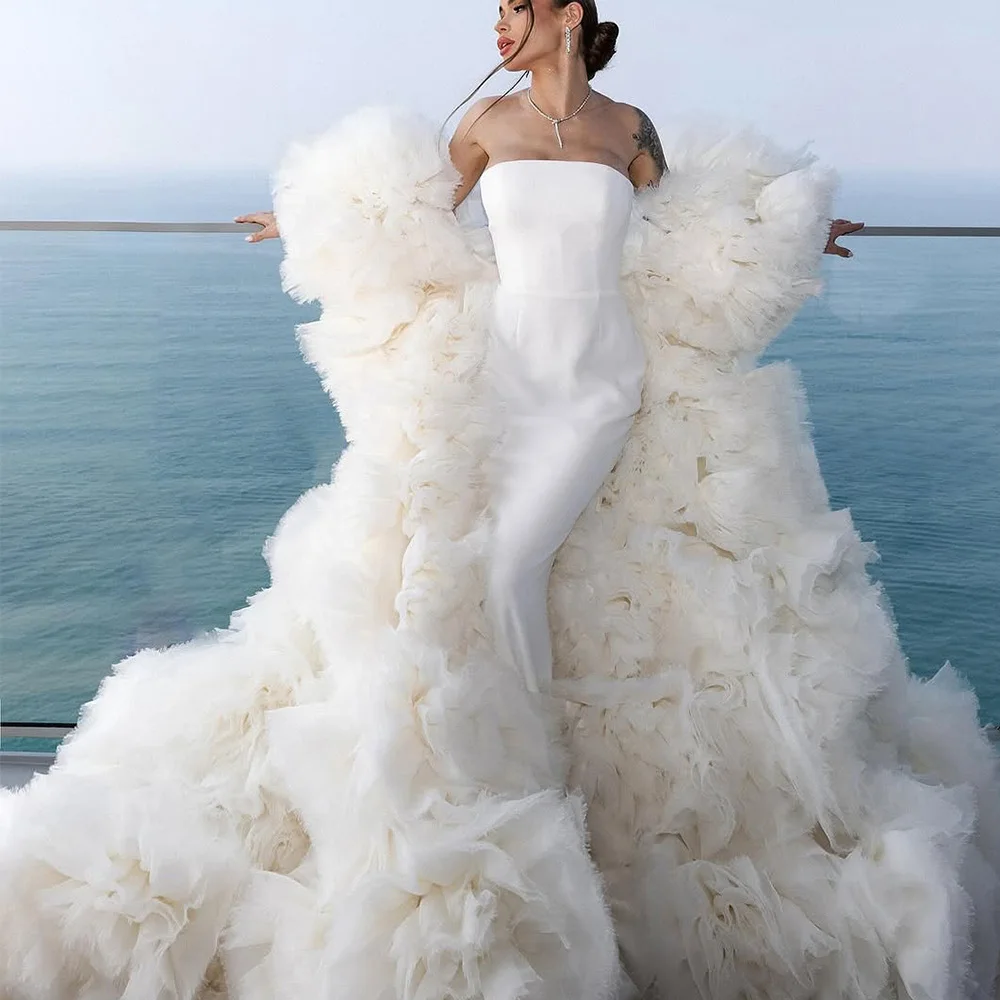 

Classic Strapless Sleeveless Bridal Gown Elegant Mermaid Wedding Dress with Tulle Shawl Customized Wedding Dress For Woman Bride