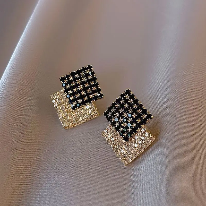 Black White Square Big Full Crystal Rhinestone Stud Earring for Women New Geometry Transparent Jewelry Christmas Girl Gift