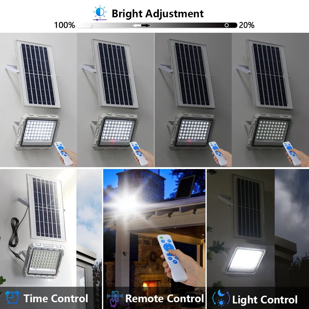 Powerful LED Solar Light 60w 100w Outdoor Solar Reflector Spotlights With Remote Control IP65 Waterproof For Porch Patio Garage