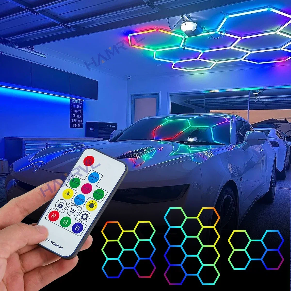 RGB Hexagon LED Garage Light Ceiling Honeycomb Panel Lamp Car ShopRepair Wash Workshop Bar Lamp Game Gaming room With Remote