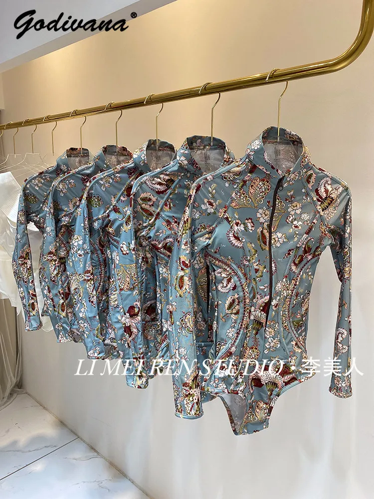 Women Heavy Print Long Sleeve One‑Piece Swimsuit Elegant Skin‑Flattering High‑End Temperament Bathing Suit Swimwear