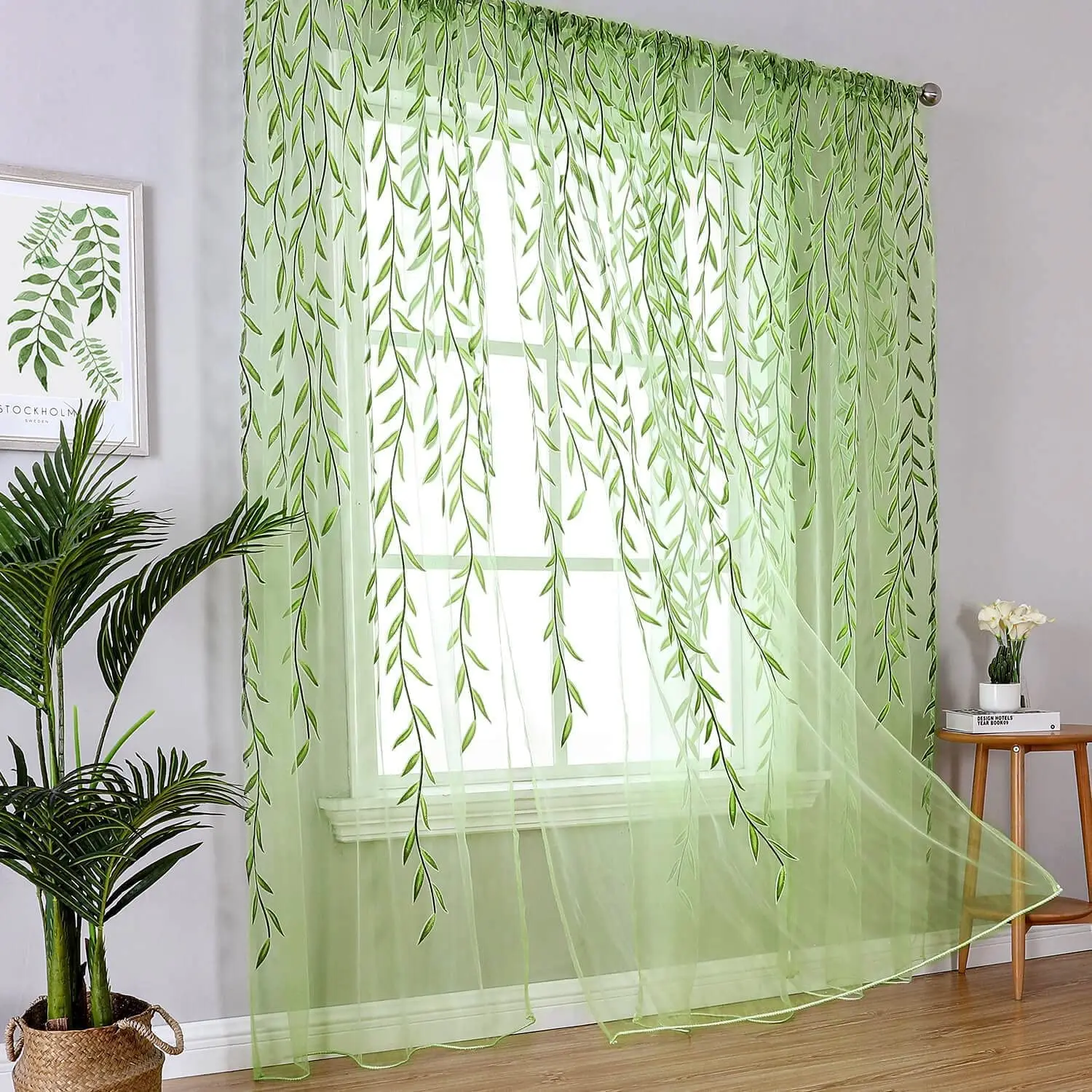 

Cute Vine Leaves Pattern Light Green Bedroom Curtains 2 Panels Voile Sheer Window Curtains Treatments for Nursery Kids