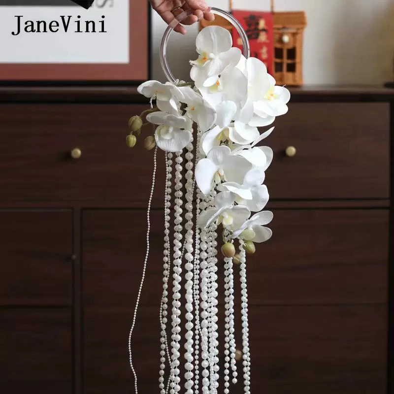 

JaneVini White Orchid Bridal Flowers Bouquet with Pearl Tassel Long Cascading Artificial Phalaenopsis Wedding Bouquet Mariage