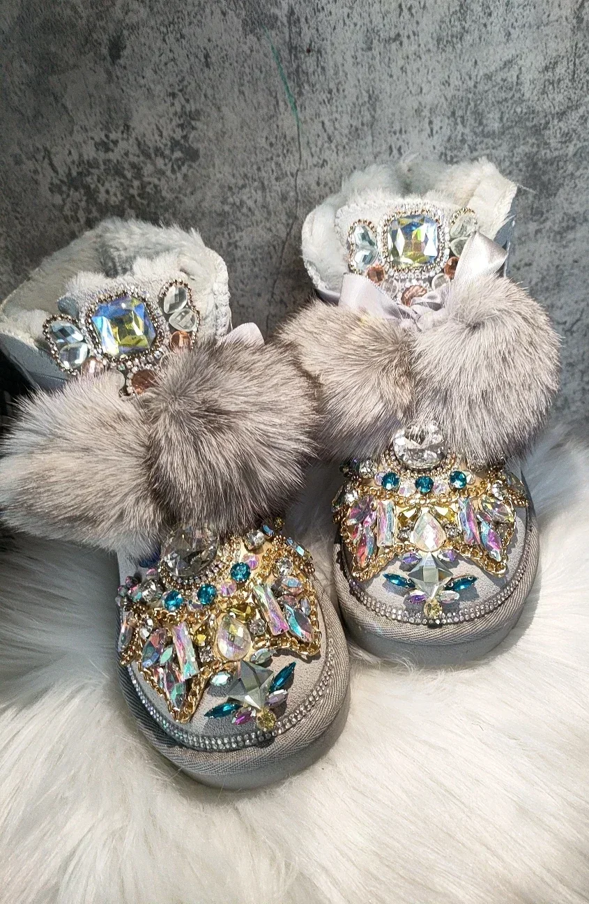 Womens Real Fox Fur Ankle Boots Rhinestones Crystal Lace Up Flats Warm Winter Snow Shoes Thick Gray New 2024