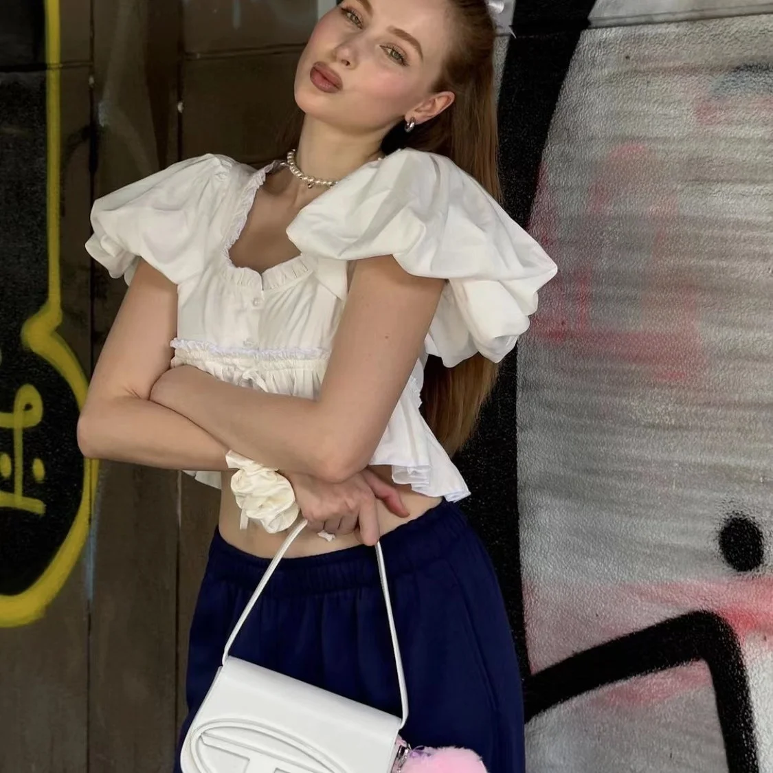 ファイオナブル レディース バブルスリーブ ドレス ドローストリング付き ノットウッド フリル装飾 サマー新作