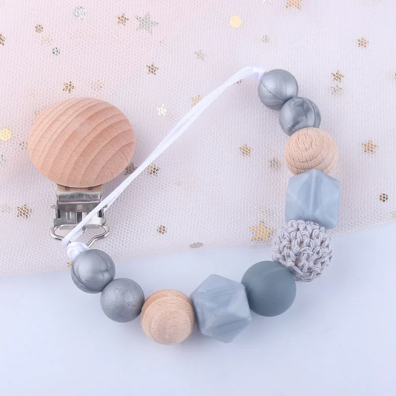 Baby Pacifier Clips Wood Silicone Crochet Beads Soothe Teethers Toy Dummy Nipple Holder Anti-drop Clip Chain Newborn Accessories