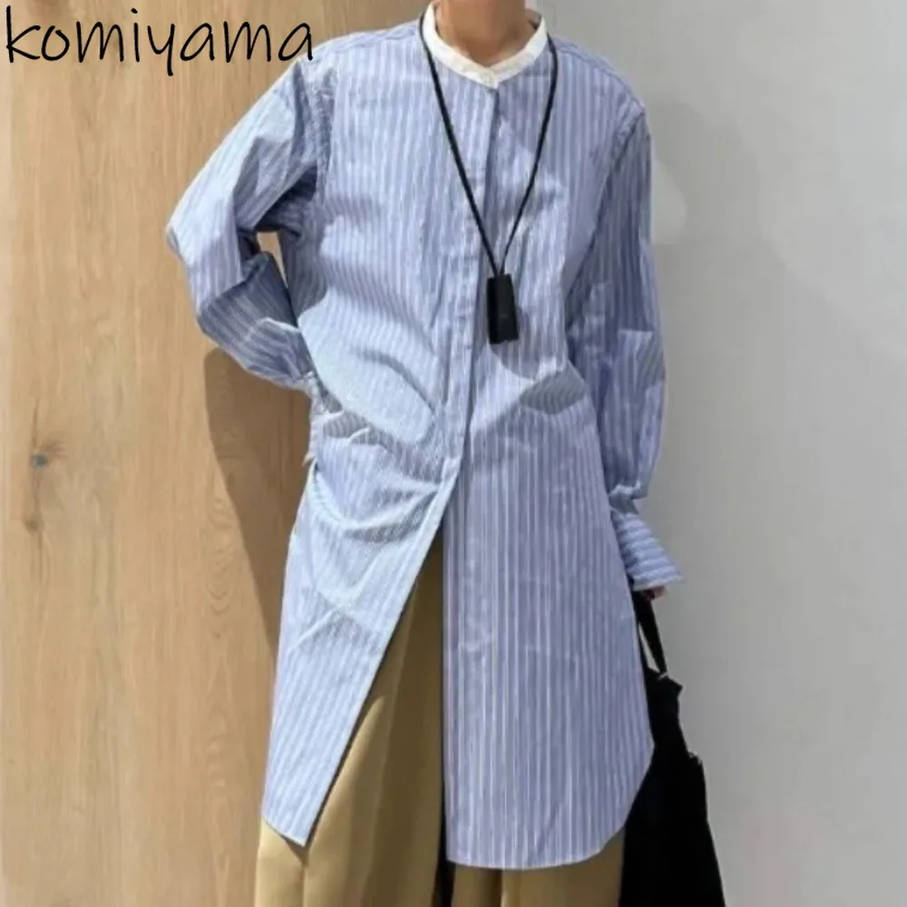 

Japan Side Split Blusas Hit Color Stripe Woman 2025 Shirts & Blouses Ropa De Mujer Loose Fashion New Camisas Autumn Clothing