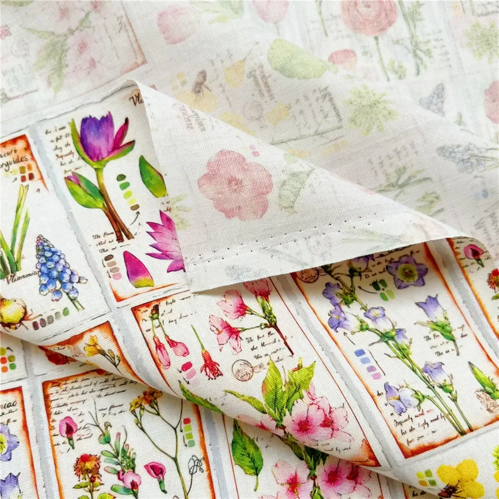 vintage Retro plant specimen newspaper pattern cotton fabric plain dress fabric handmade DIY curtain tablecloth