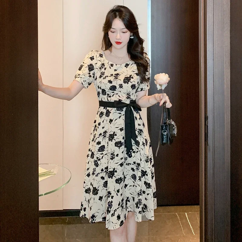 

2023 New Summer Floral Short Sleeves Elegant Dress for Women Classy Skin-friendly Comfortable Office Ladies Dresses with Belt