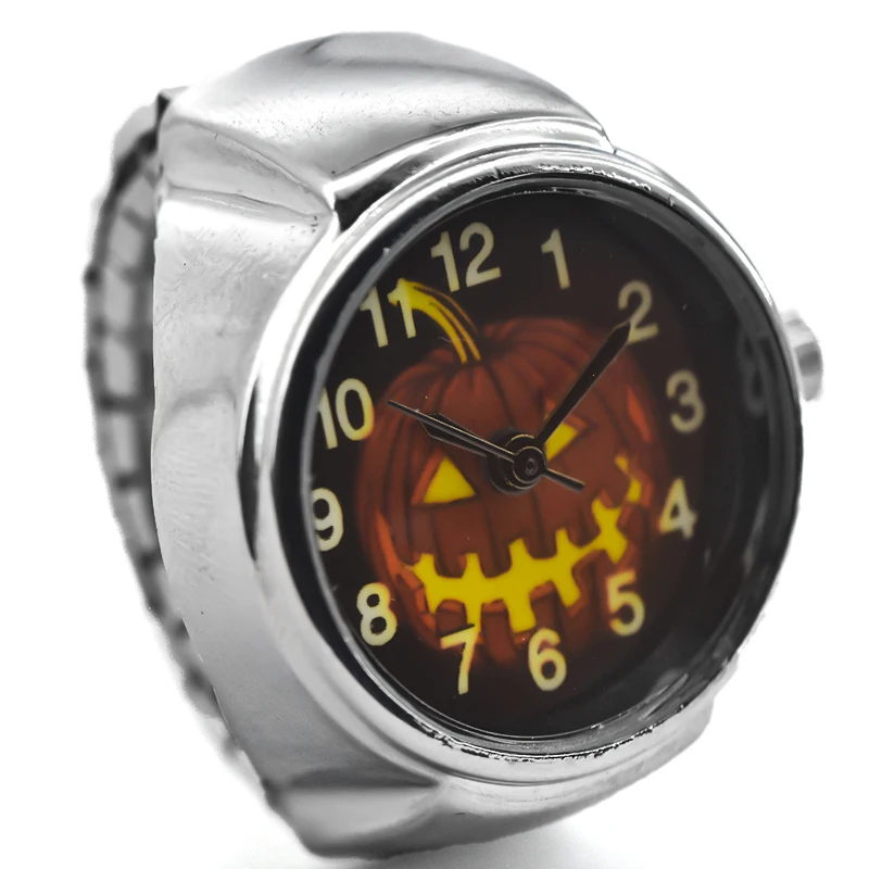 Creative Pumpkin Ghost Literal Personality Quartz Ring Watch Alloy Round Dial Unisex Christmas Gift Fun Watch