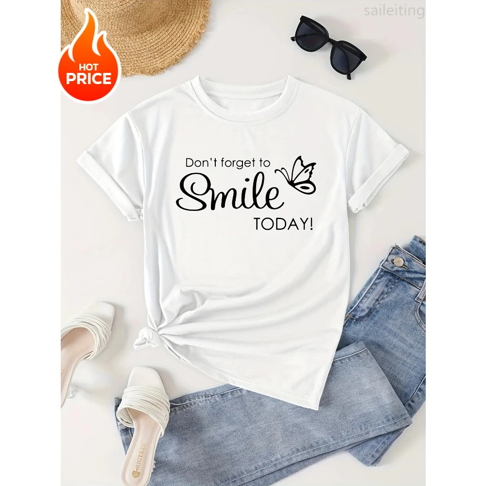 

Women's Short Sleeve T-Shirt with "Don't Forget To Smile" Graphic Print Casual Round Neck Regular Fit Top Summer Outfit Spring