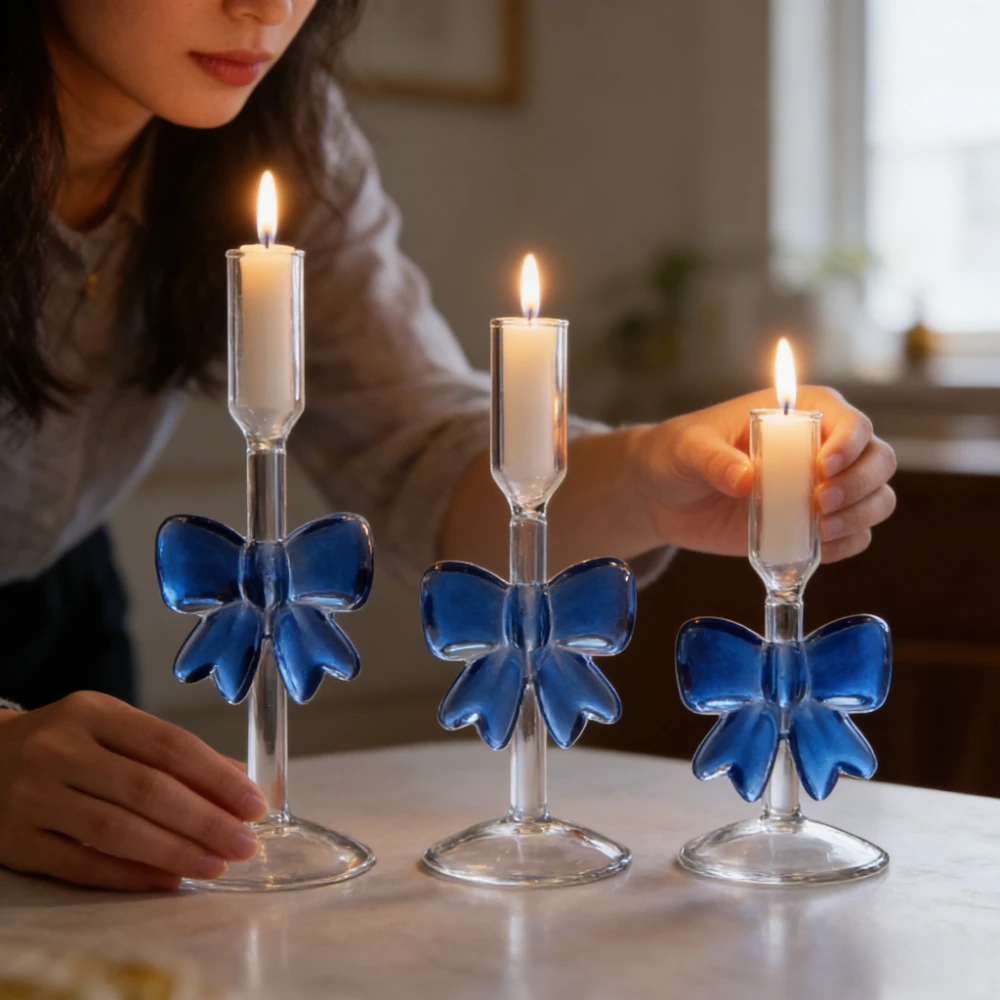 Glass High Pedestal,luxurious Soft Pink/blue Large Bow-shaped Romantic Candlestick,heat-resistant High Borosilicate Decoration