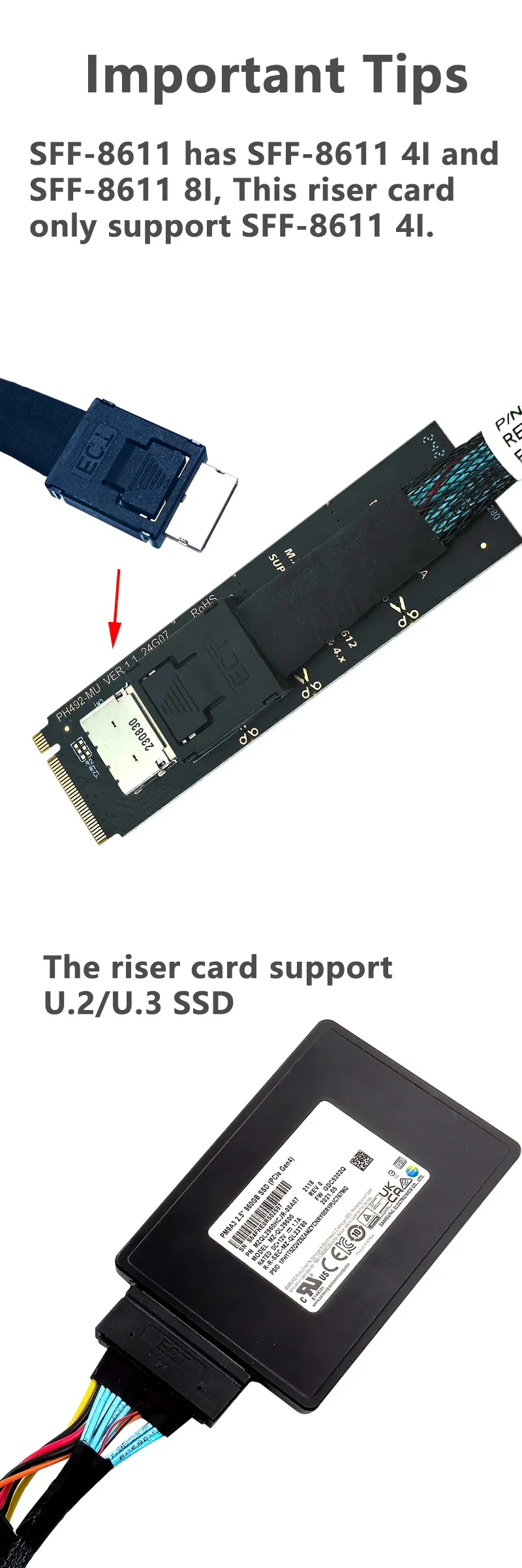 M.2 PCIe X4 M مفتاح إلى SFF-8612 شاحن أنثي محول NVME إلى بطاقة OCulink Riser لـ 2230-2280 U.2 U.3 SSD دعم PCIe 3.0/4.0
