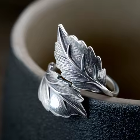 Buyee 925 Sterling Silver Big Ring Finger Elegant Gary Leaf Open Ring for Woman Fashion Unique Design Fine Jewelry Circle