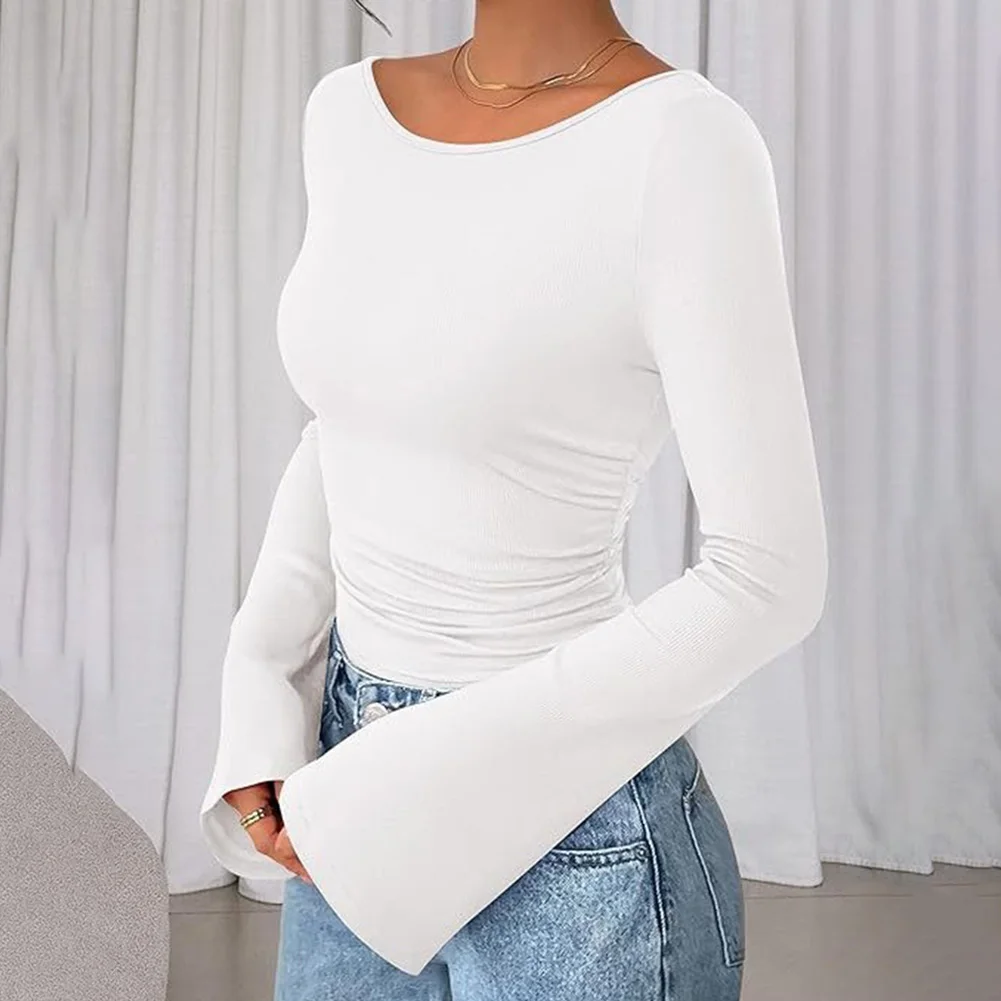 Slender Fit Women's Boat Neck T-Shirt with Flare Long Sleeves Solid Color Casual Top Suitable for Layering and Daily Use
