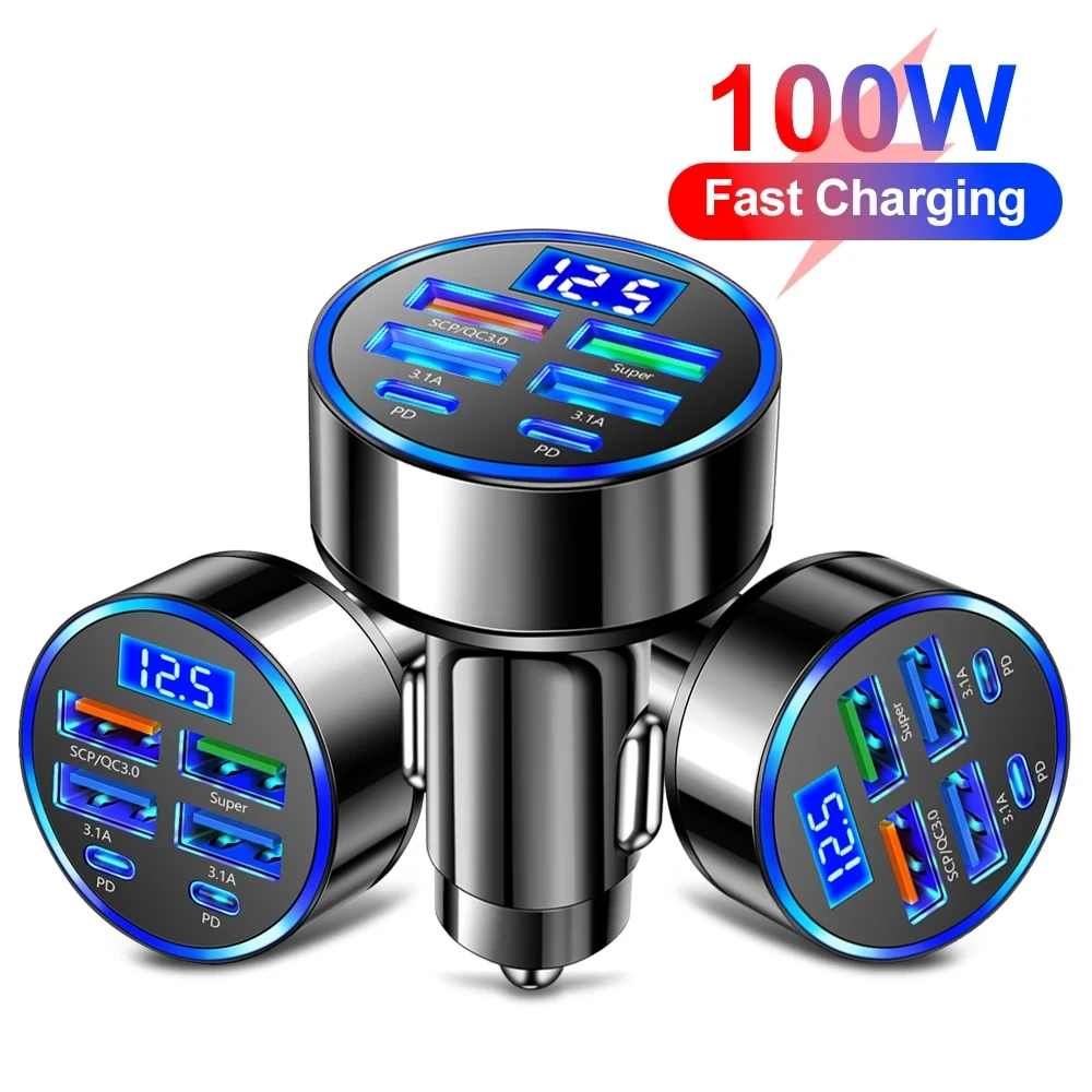 

100W 6-in-1 Car Charger Digital Display Ultra-fast Car Charger Head 4 USB 2 Type C PD Interface Car Phone Charging Accessories