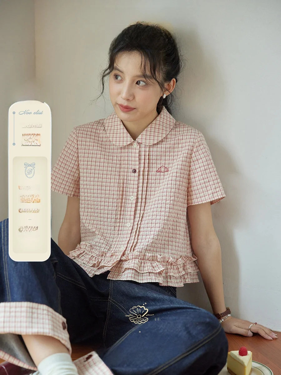 

Nov Elist Plaid Shirt Women's Short Sleeve Doll Collar Double Layer Hem Vintage Style Loose Fit Cotton Polyester Blend