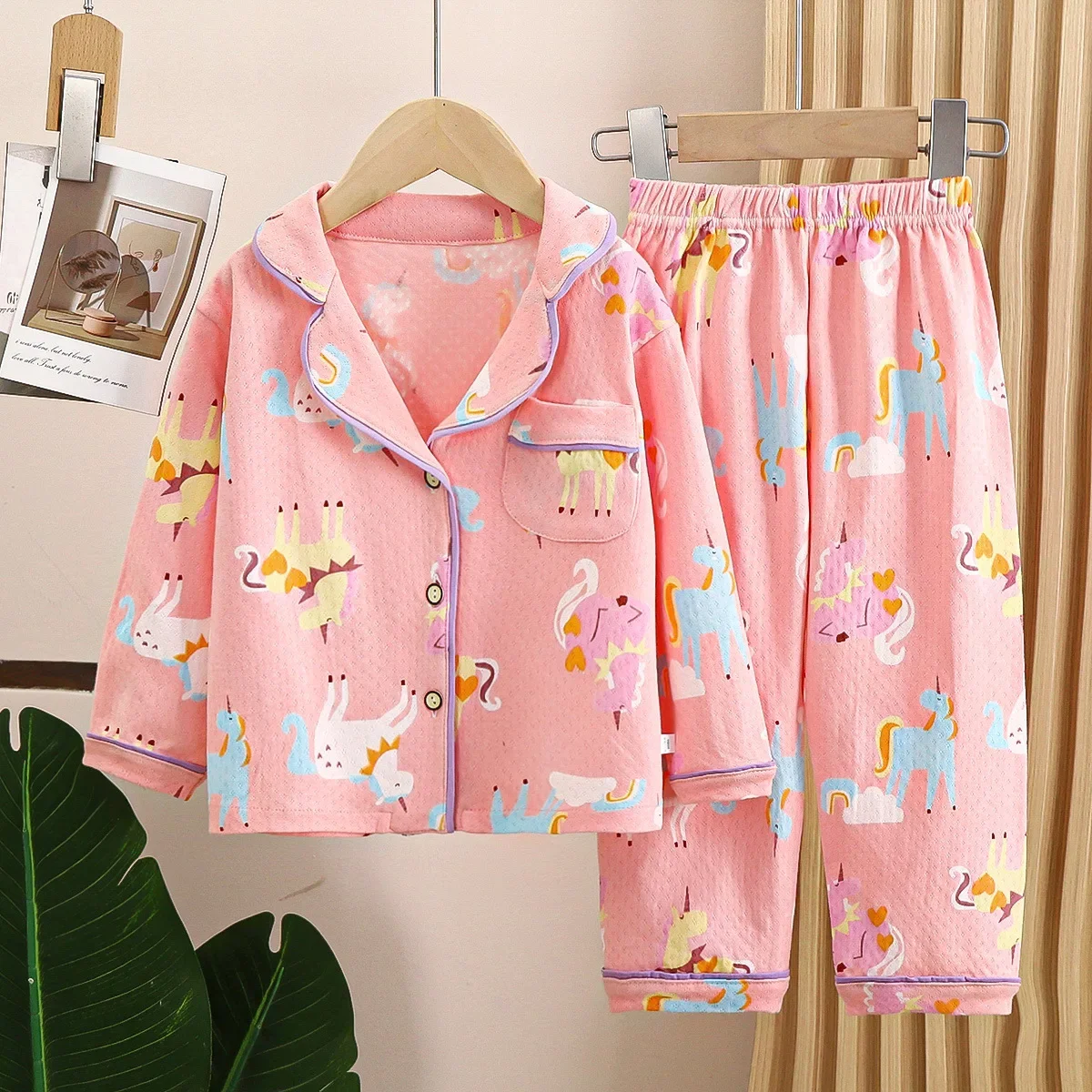 Kinderlente zomer pyjama sets jongens meisjes leuke cartoon print lange mouw revers nachtkleding baby casual losse homewear