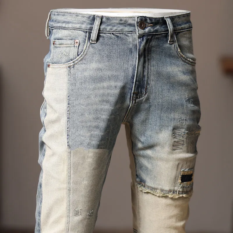 Fashion designer Summer men's jeans retro blue elastic slim fit slit jeans splicing designer hip-hop jeans Hombre