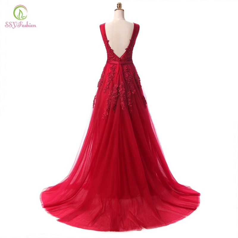 SSYFashion elegante vino rosso pizzo abiti da sera lunghi Sexy Backless perline a-line perline partito abiti formali Robe De Soiree