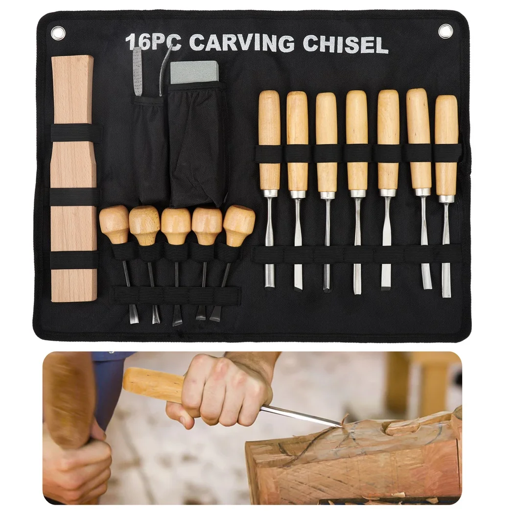 

16Pcs Wood Carving Tools Professional Wood Chisel Set With Storage Sharp Steel Chisels With Wooden Handles Carving Knives Files