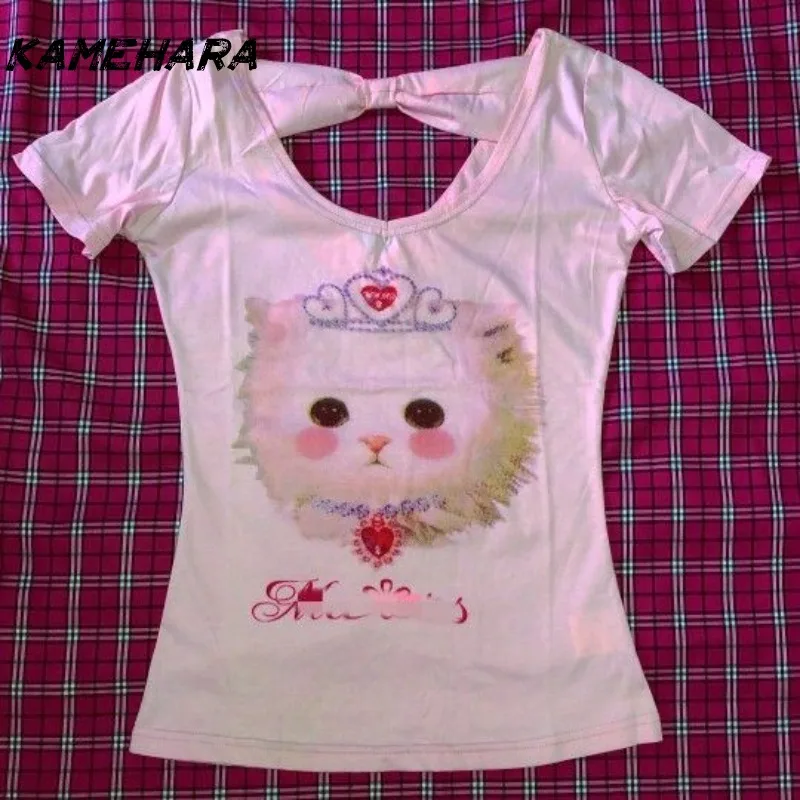 

KAMEHARA Japanese Millennial Y2k Spicy Girl Cute and Playful Fairy Cat Short Sleeve T-shirt Summer New Slim Fit Top Ins 민소매 티 여성