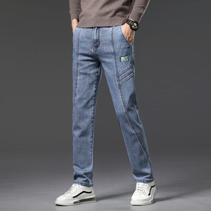 Autumn new style Printed Men's Slim Straight Jeans Versatile patchwork stretch men's denim trousers