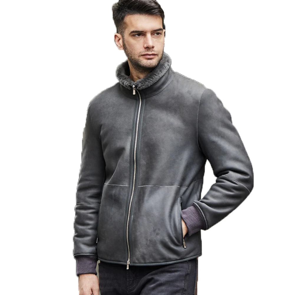 Denny&Dora Mens Shearling Jacket Stand Collar Grey Leather Jacket Short Sheepskin Coat For Men