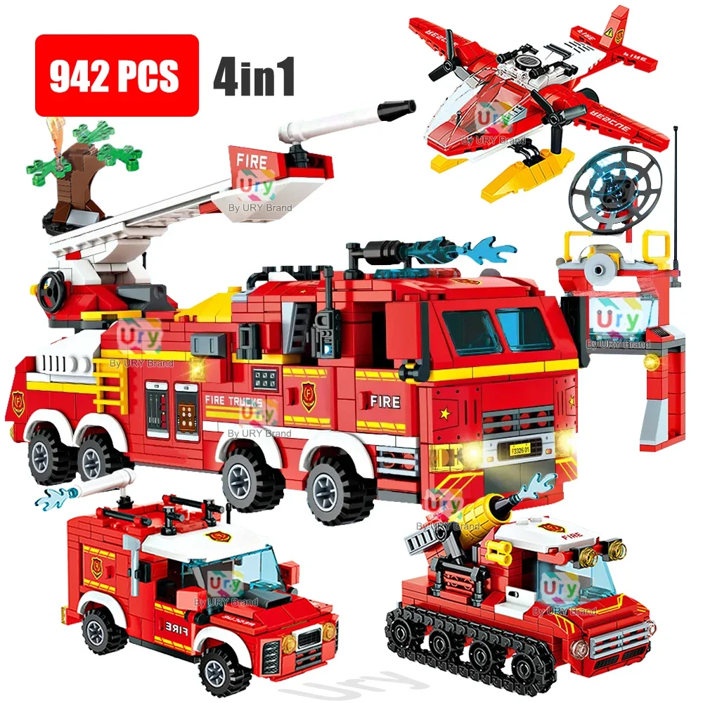 4in1 City Series Fire Ladder Water Truck Rescue Crane Red Van Model Set Firemen Figures Building Blocks Toys for Boys Kids Gift