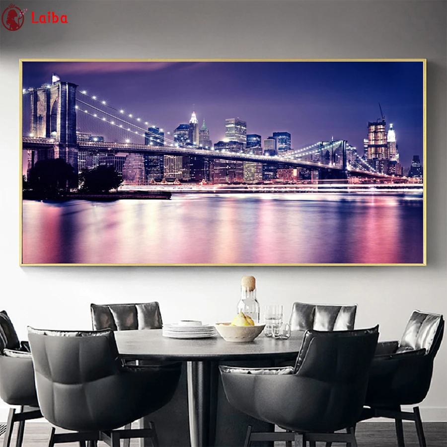 Custom Diamond Painting, Large Modern Brooklyn Bridge Lights Landscape, DIY Diamond Embroidery, Full Square Round Drill, Photo