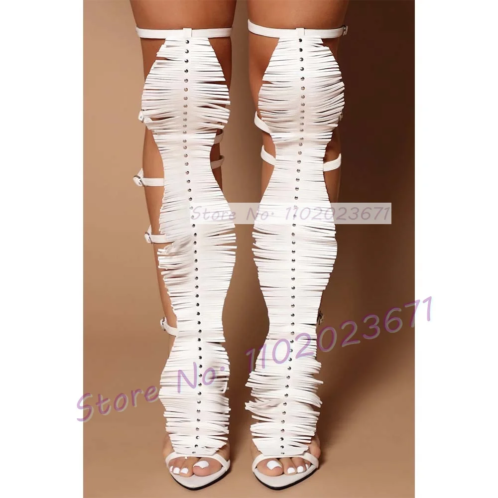 White Fringes Strappy Long Sandals Women Novelty T-strap Party Gladiator Pointy Toe Sandals Female Classy Chic Back Zipper Shoes