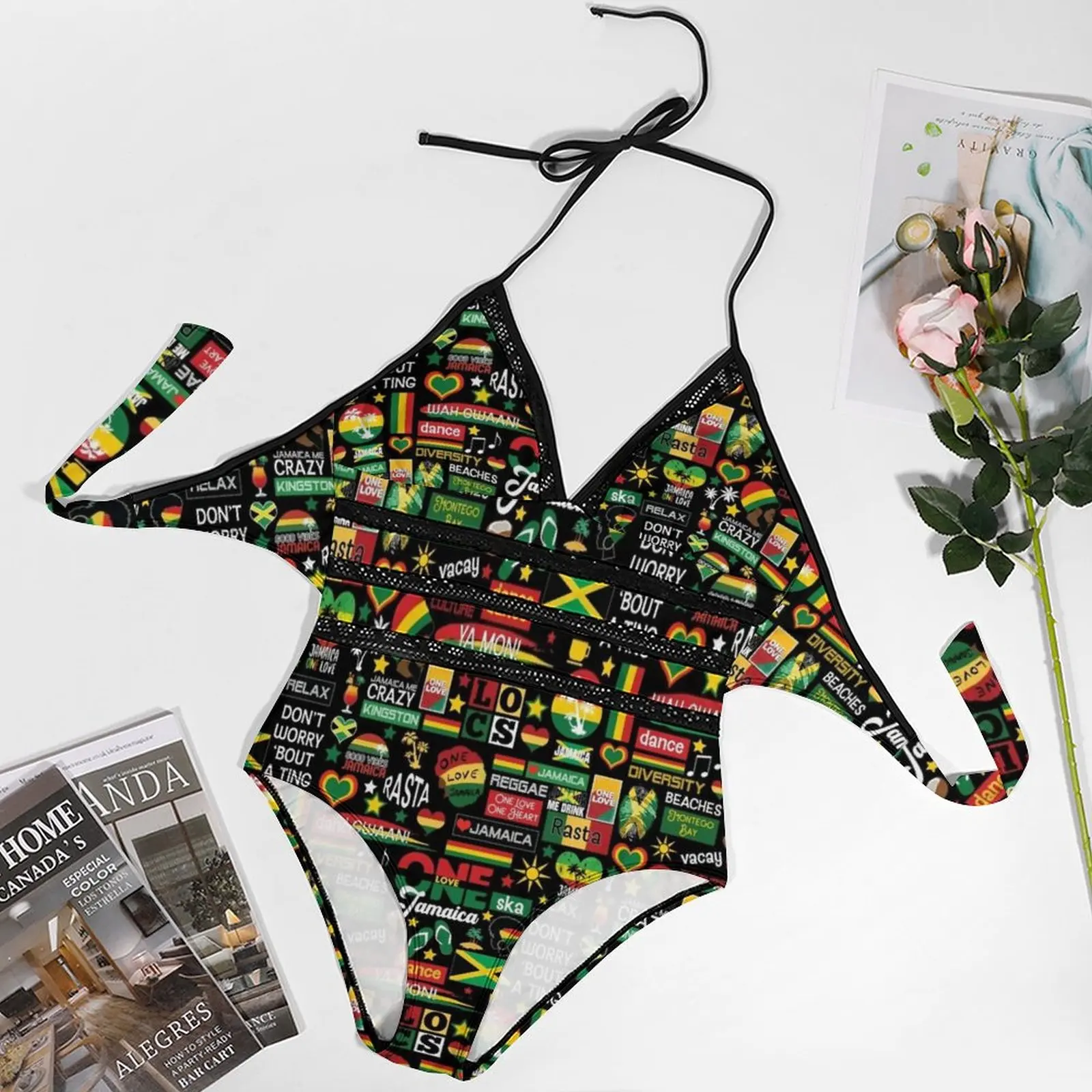 Jamaica One Love Culture Pattern Sexy One Shoulder One Piece Swimsuit New Mesh Patchwork Swimwear Monokini Jamaica Bundle One