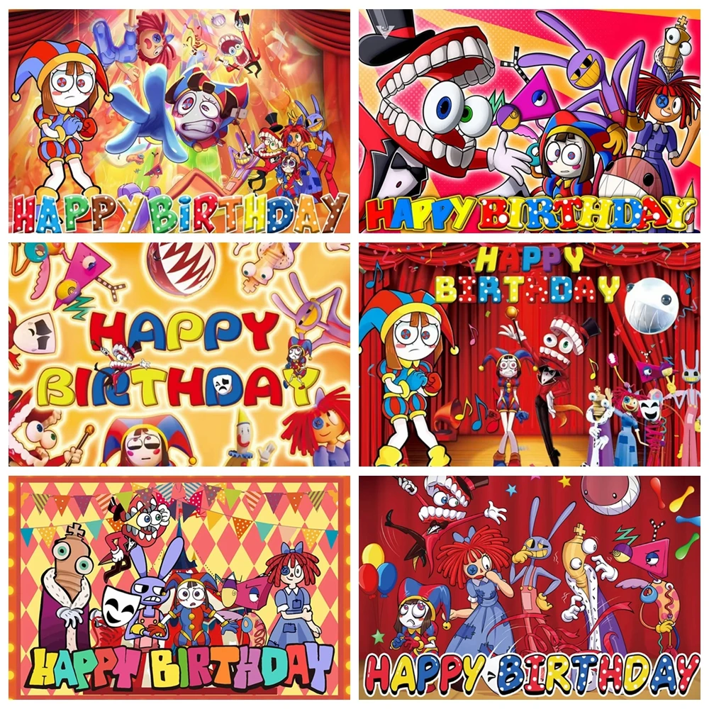 

Amazing Digital Circus Themed Backdrop Cartoon Style Birthday Party Background Kids Baby Shower Photo Photography Red Custom
