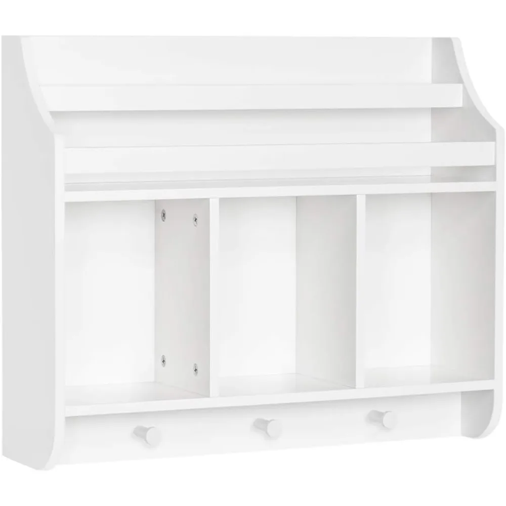 

Bookshelf with 3 Cubbies & Hooks - Book Nook Wall Bookshelf for Kids' Rooms Storage Display Rack for Toys and Games