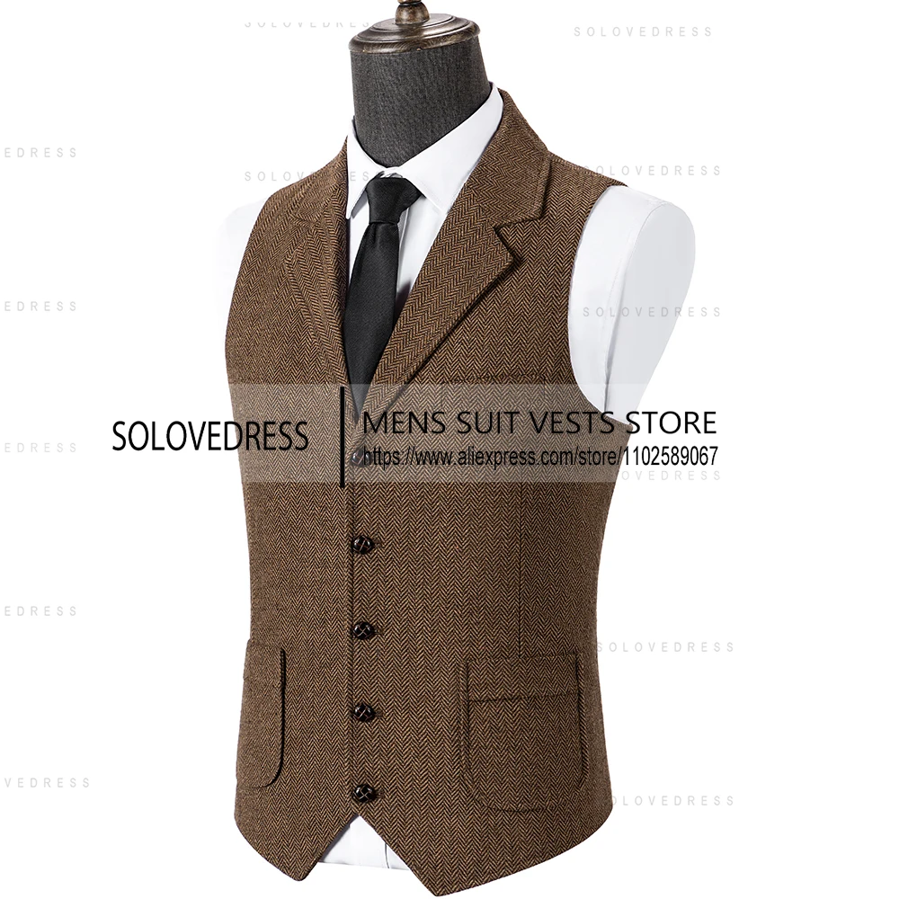 남성용 헤링본 조끼 트위드 수트 싱글 브레스티드 비즈니스 조끼 재고 있음