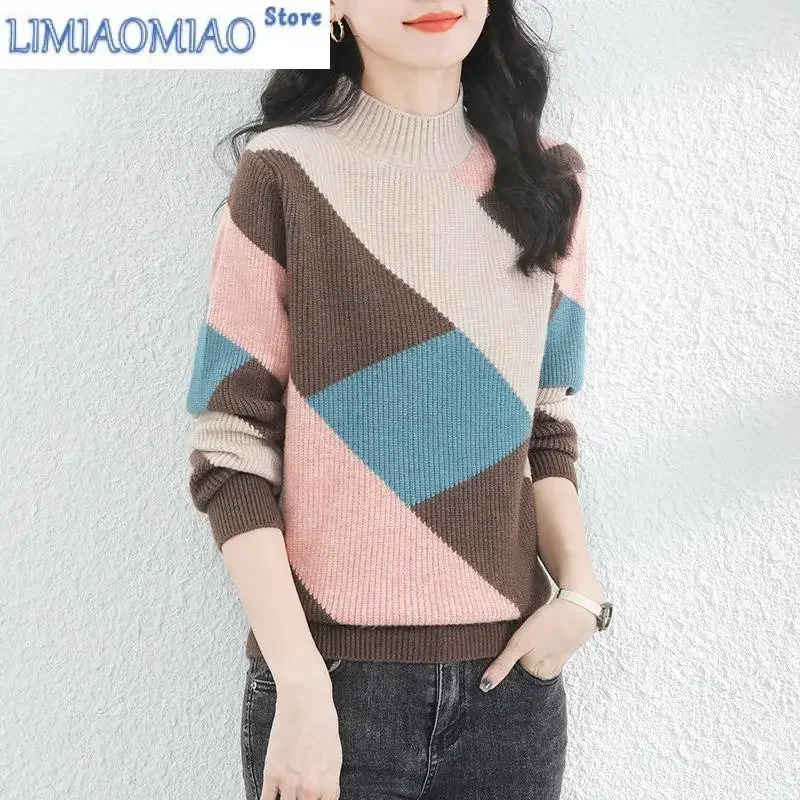 Autumn/Winter Fashion Korean Edition Spliced Contrast Half High Neck Loose Versatile Western Knitted Long Sleeve Sweater