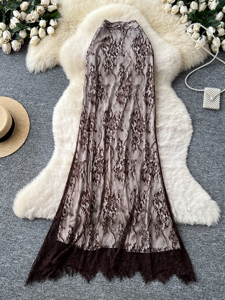 Gonna a trapezio a vita alta con giunture in pizzo coreano Sle Abito lungo in rete da donna Ele f-lunghezza Pendolarismo Chic Sle