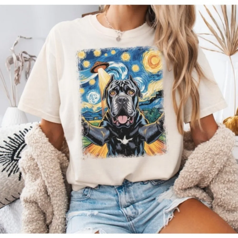 Cane Corso Selfie Shirt Dog Abduction Tee Starry Night Alien 티셔츠 y2k 의류 ropa mujer kawaii 미적 y2k 액세서리