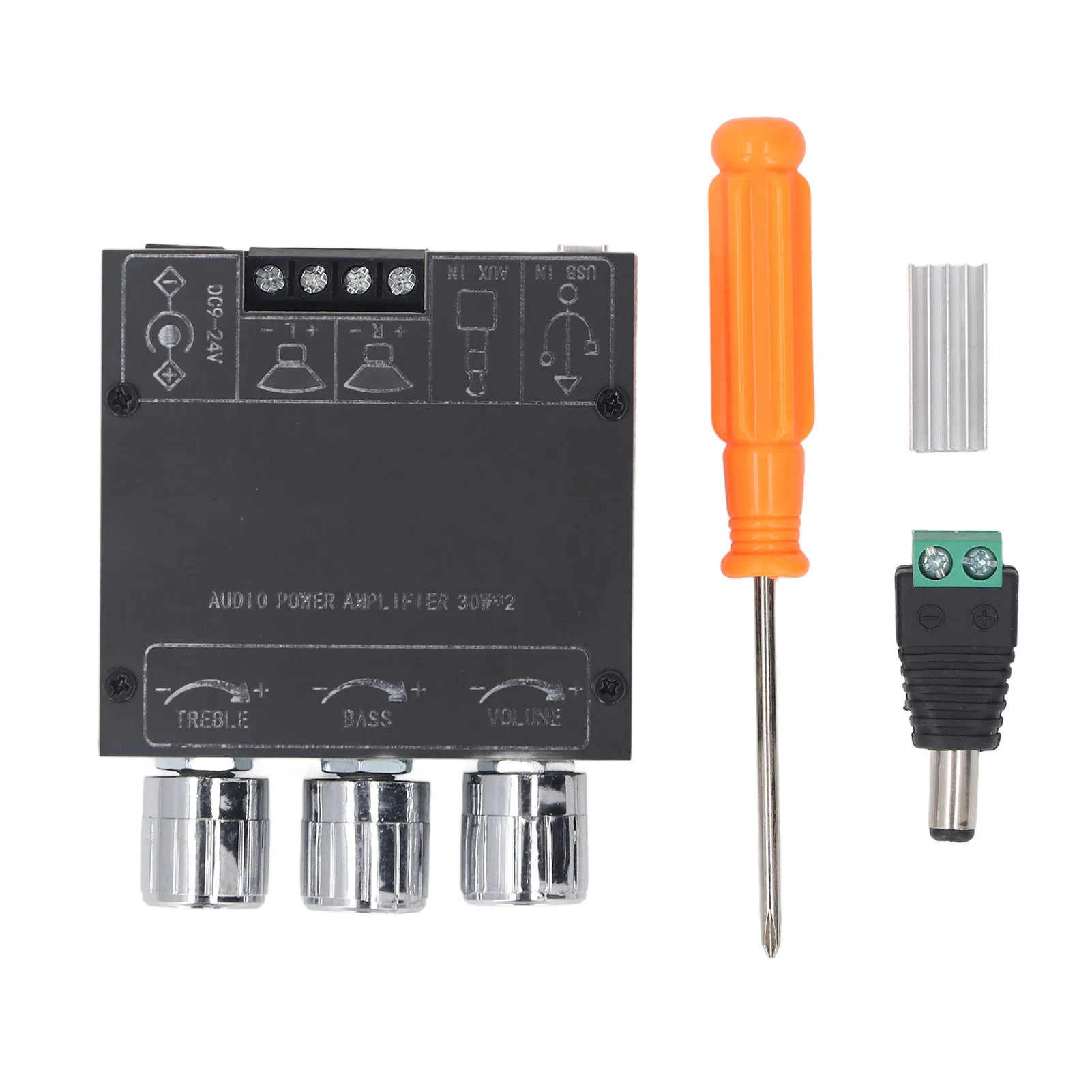 

Sound Power Amplifier Board DC9-24V 30Wx2 Treble Bass Control Multiple Effects Timing Shutdown Power Amplifier Module for Home