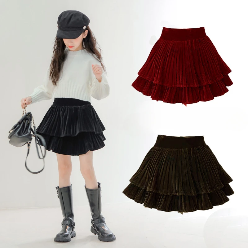 

Tutu Skirt for Girls Velvet A-line Pleated Layered Skirt Teenage Autumn Winter Casual School Children Fluffy Skirt 13 14 Years